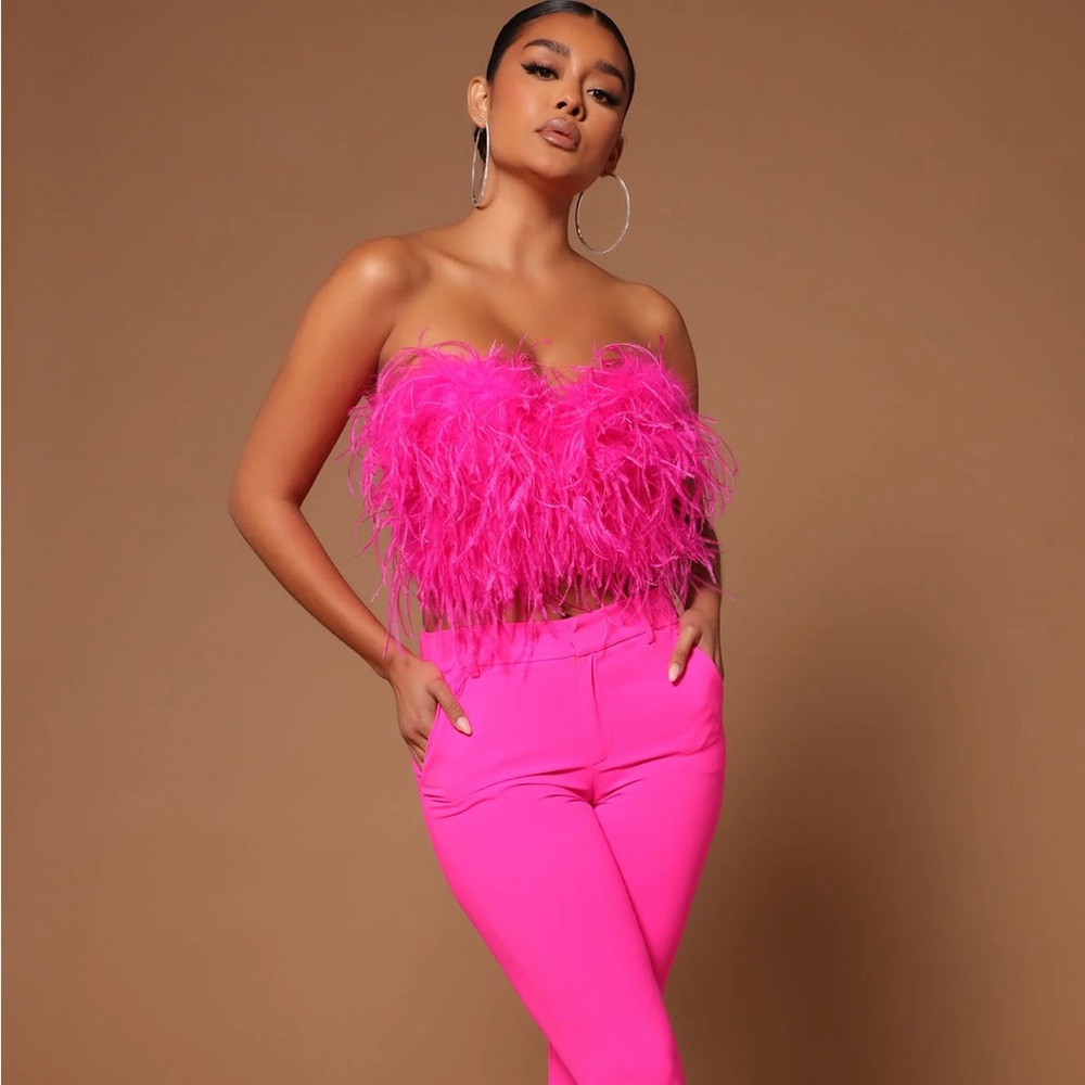 Fashion Nova Asalia Feathered Top- Hot Pink